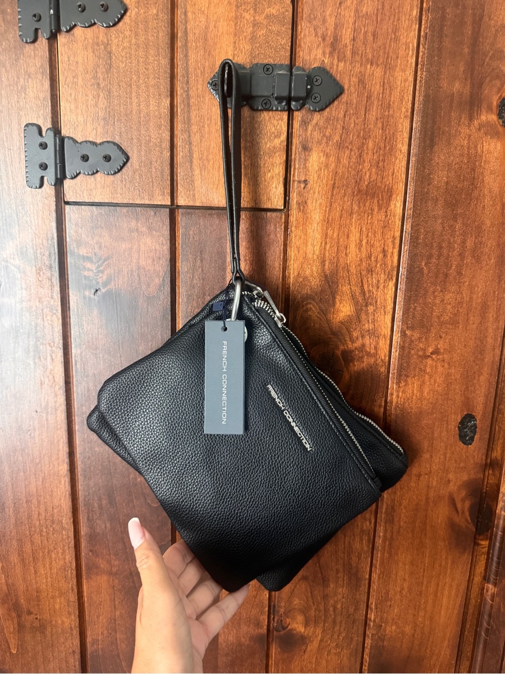 French Connection Black Pebbled Leather Double-Zip Wristlet